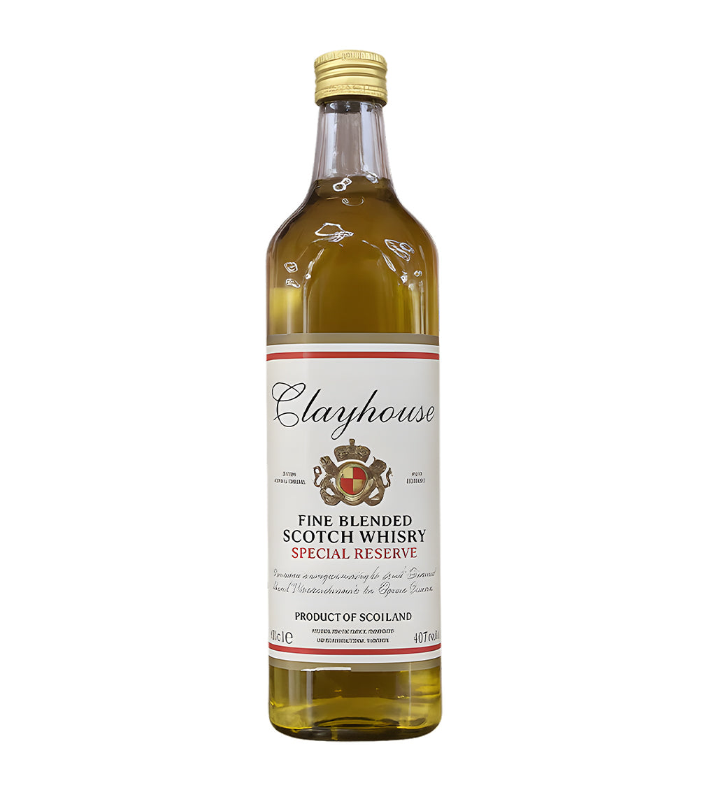 Clay House Whisky 75cl clear glass bottle on white background, golden spirit with cream and gold label featuring brand crest
