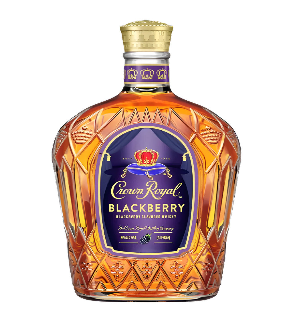 Crown Royal Canadian Whisky 75cl signature rounded glass bottle on white background, golden amber spirit with purple and gold label featuring crown logo
