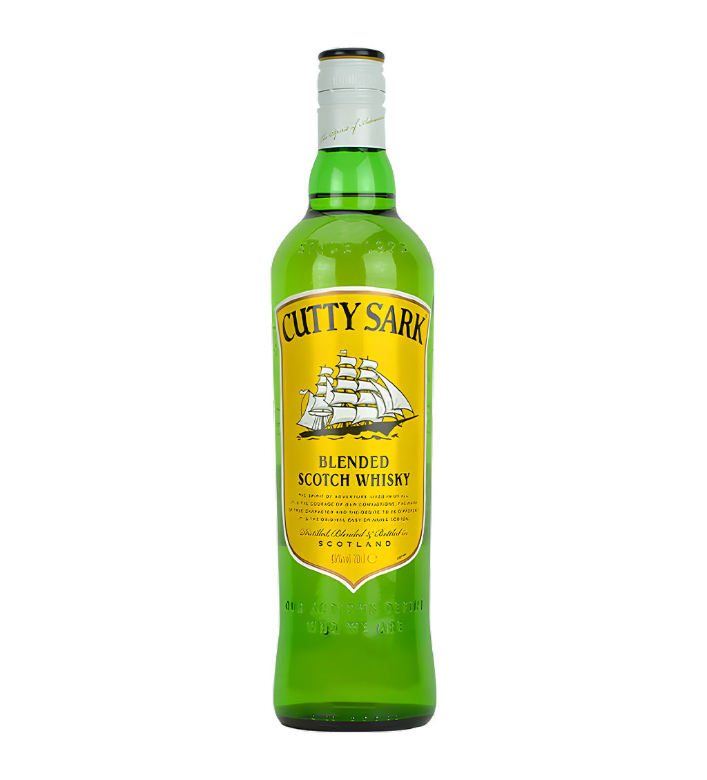 Cutty Sark Blended Malt Scotch Whisky 70cl clear glass bottle on white background, golden spirit with yellow label featuring clipper ship illustration