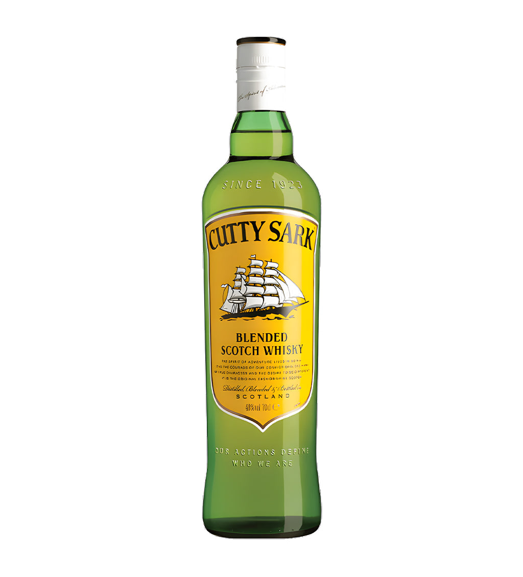 Cutty Sark Blended Scotch Whisky 1L clear glass bottle on white background, golden spirit with yellow label featuring clipper ship illustration