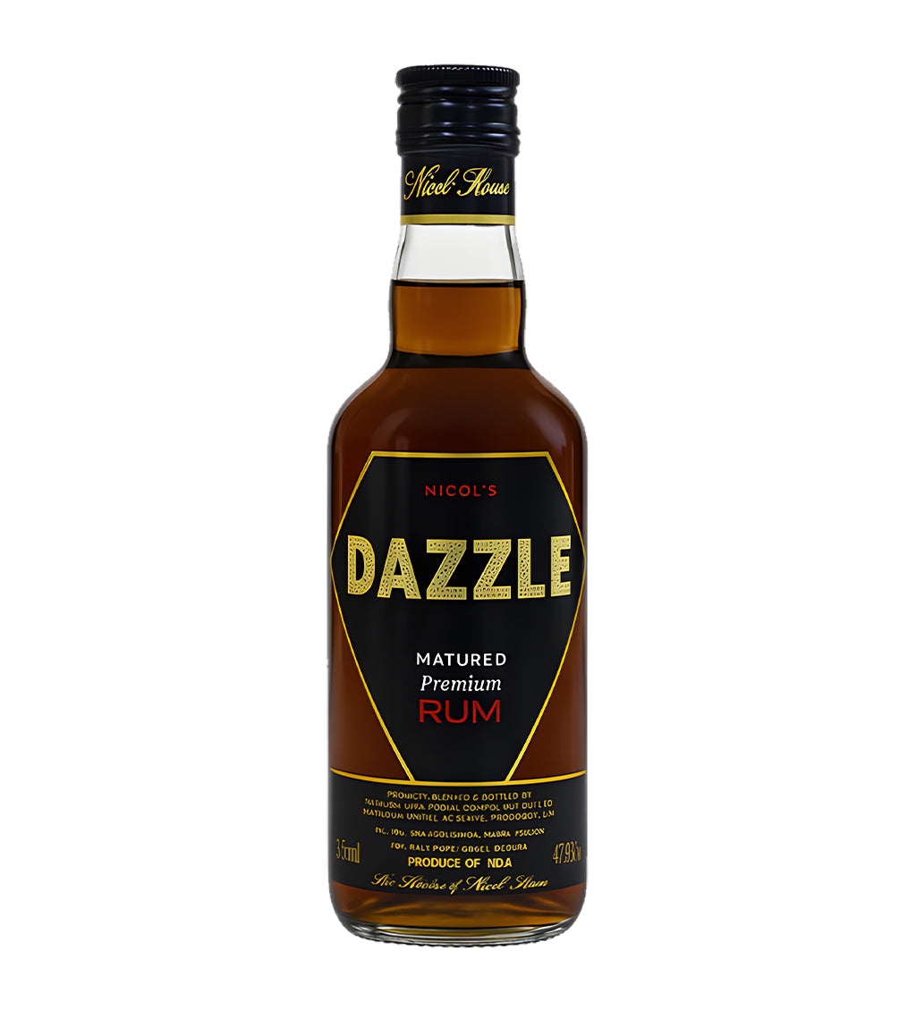 Dazzle Rum 37.5cl clear glass bottle on white background, white label with gold accents and brand logo