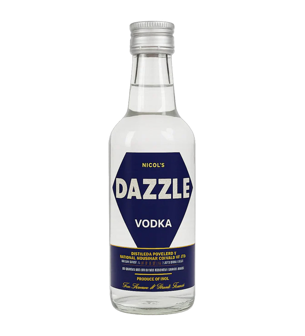 Bottle of Dazzle Vodka with blue label on a white background
