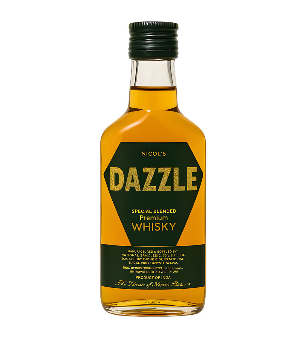 Dazzle Whisky 18cl clear glass bottle on white background, golden spirit with white and gold label featuring brand logo