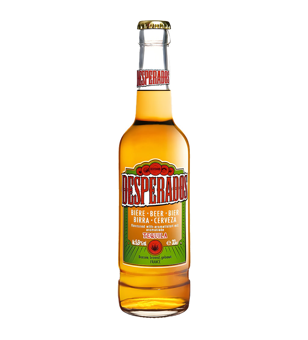 Desperados tequila-flavored lager beer 33cl glass bottle on white background, golden color with red and green label