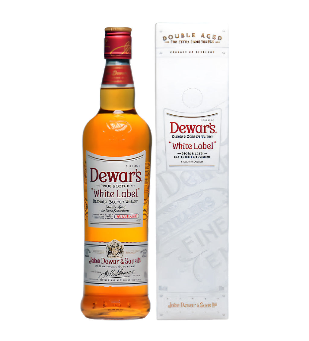 Dewar’s White Label Blended Scotch Whisky 75cl clear glass bottle on white background, golden spirit with cream and red label featuring brand crest