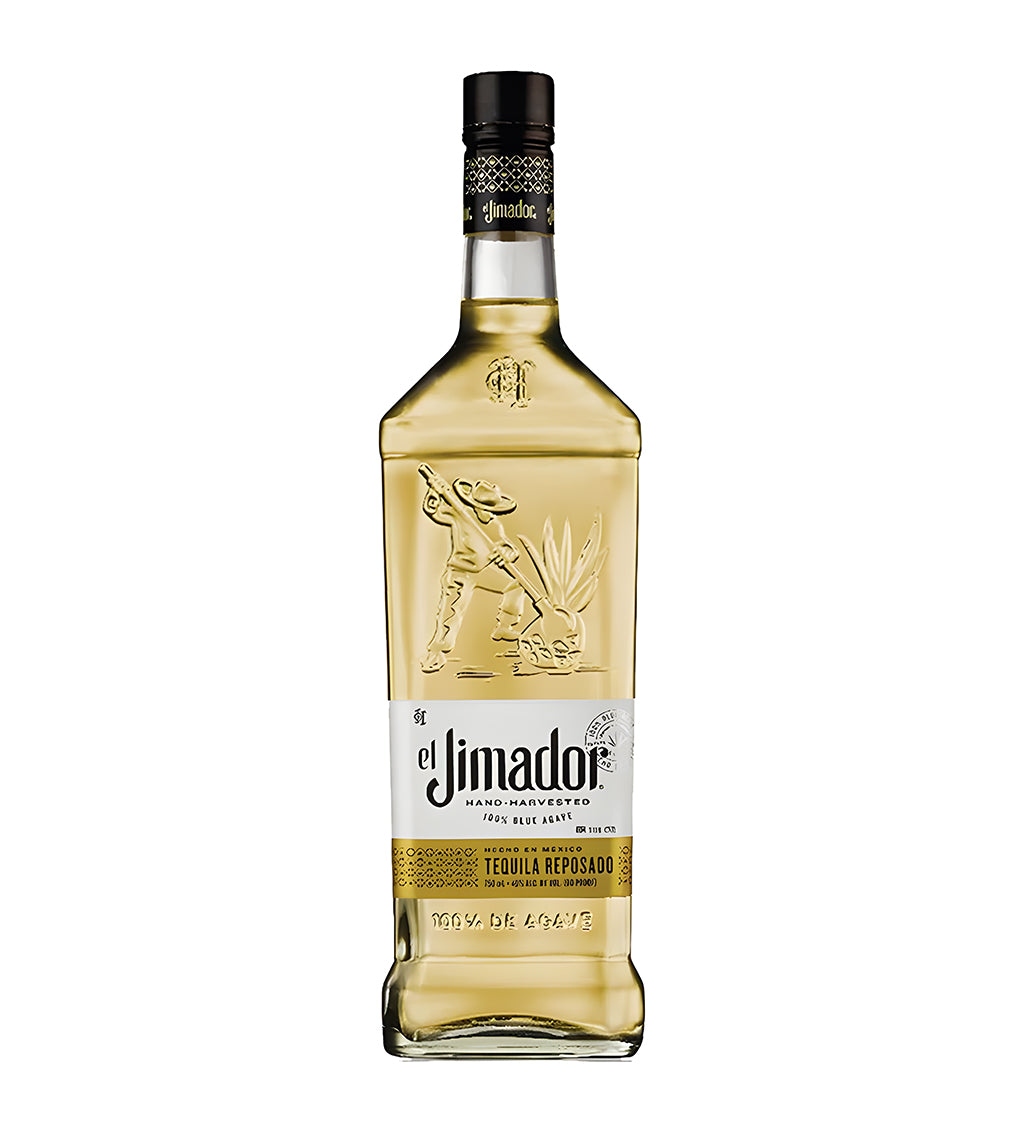 El Jimador Reposado Tequila 1L clear glass bottle on white background, golden spirit with white and gold label featuring agave imagery