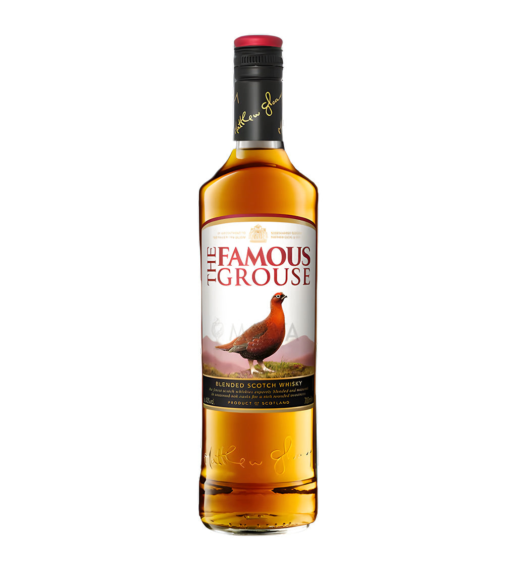 The Famous Grouse Blended Scotch Whisky 75cl clear glass bottle on white background, golden spirit with cream label featuring red grouse bird logo