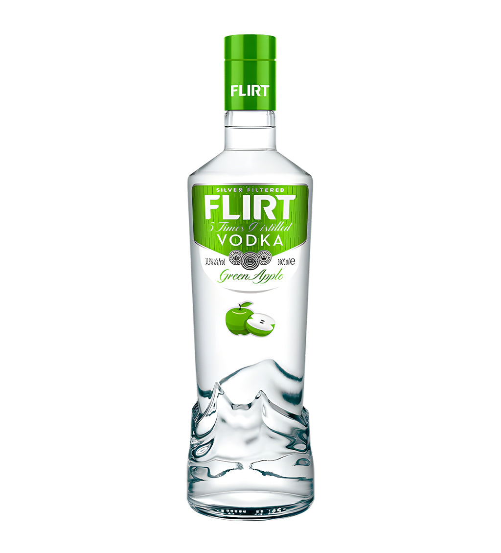 Flirt Green Apple Vodka 1L clear glass bottle on white background, green label with apple imagery and brand logo