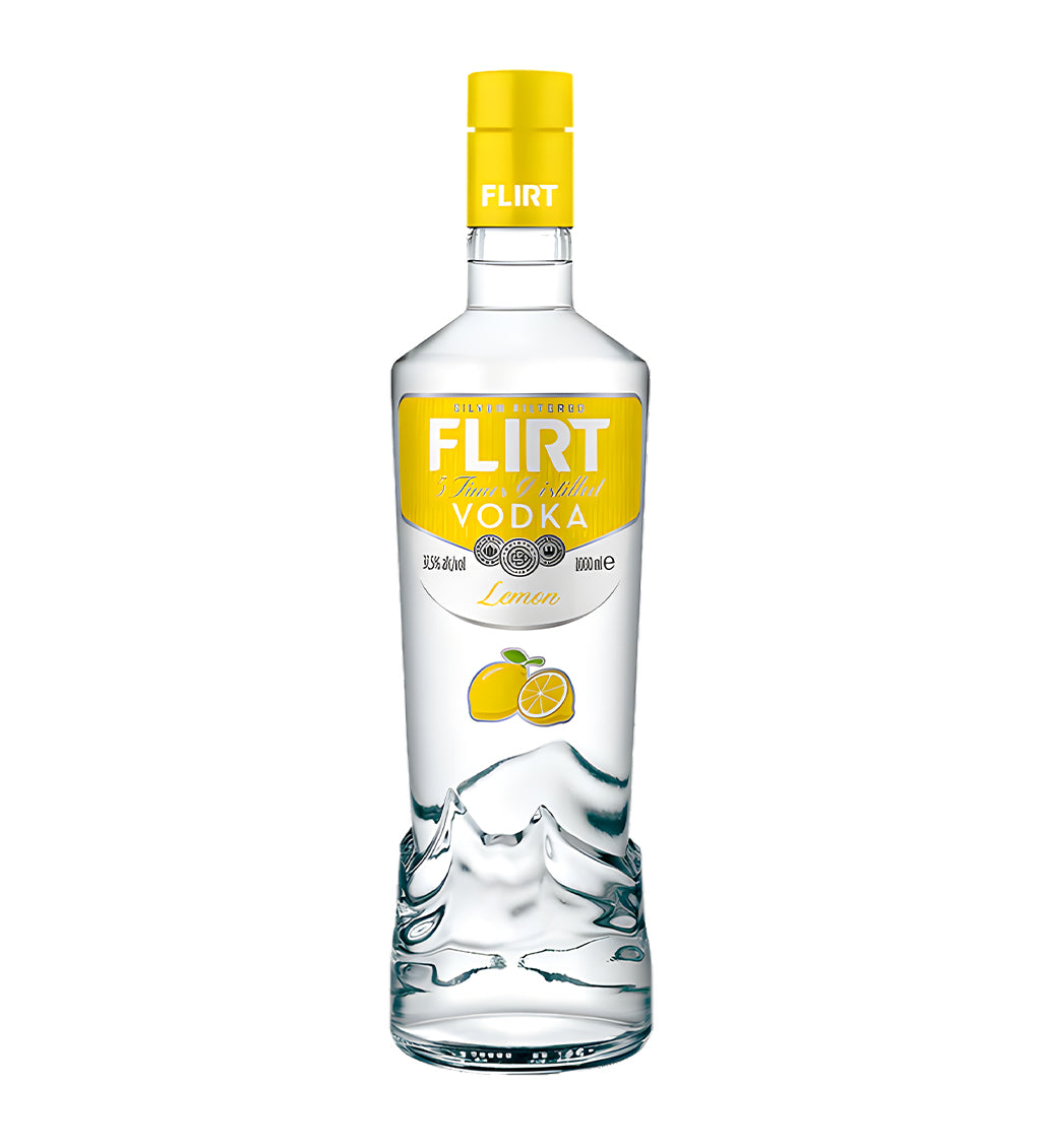 Flirt Lemon Vodka 1L clear glass bottle on white background, yellow label with lemon imagery and brand logo