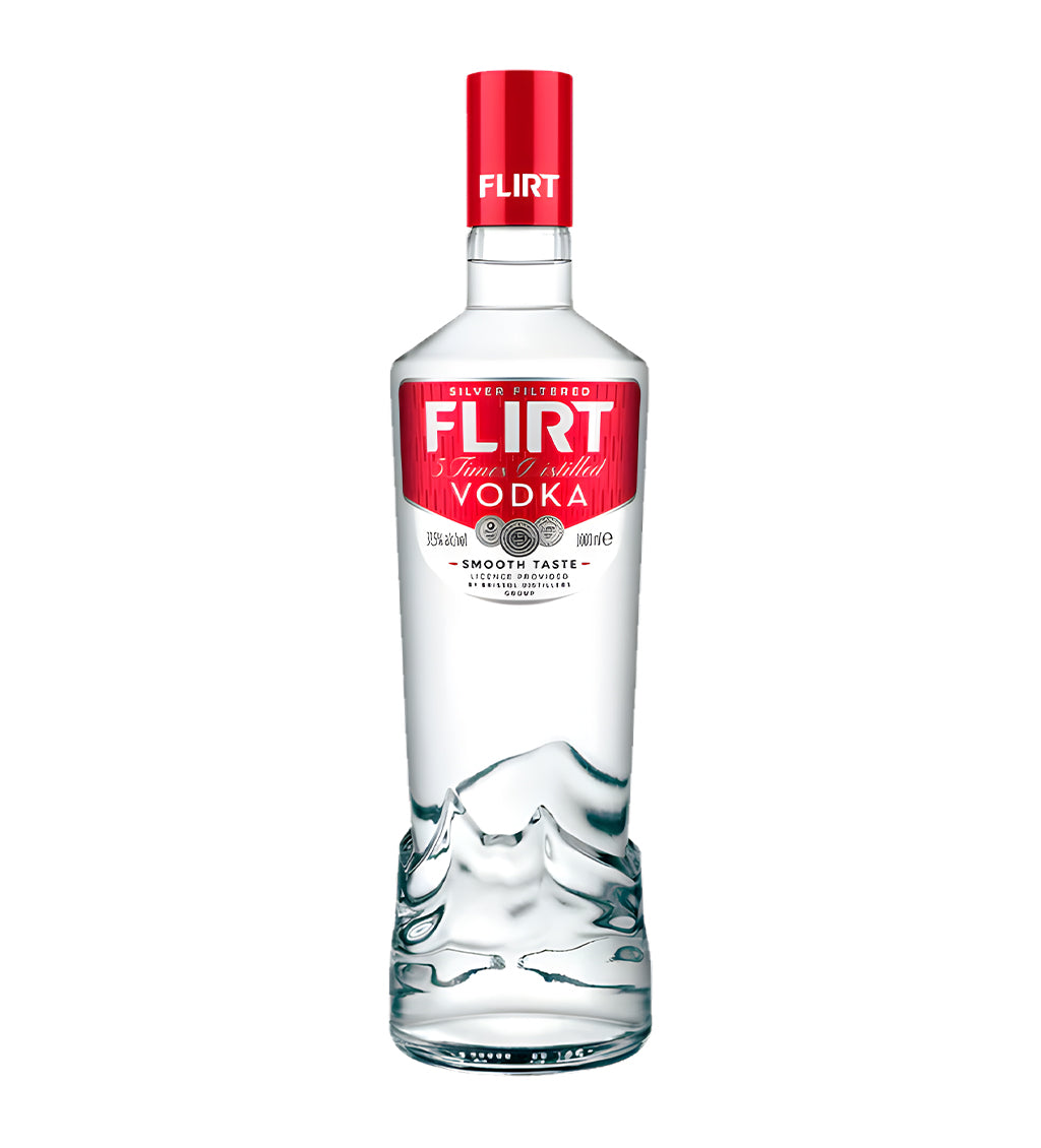 Flirt Red Vodka 1L clear glass bottle on white background, red label with berry imagery and brand logo