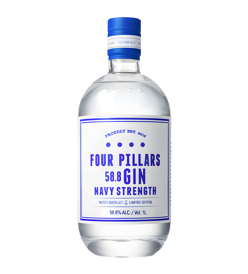 Four Pillars Navy Strength Gin 1L clear glass bottle on white background, blue and white label with bold text and botanical details