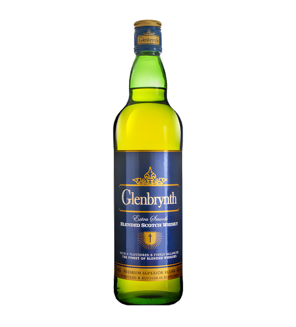 Glenbrynth 3 Years Blended Scotch Whisky 75cl clear glass bottle on white background, golden spirit with cream and gold label featuring brand crest
