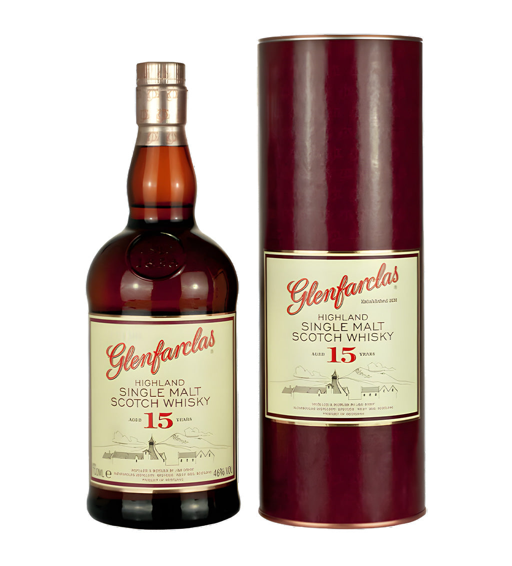 Glenfarclas 15 Years Highland Single Malt Scotch Whisky 70cl clear glass bottle on white background, rich amber spirit with cream and red label featuring distillery crest