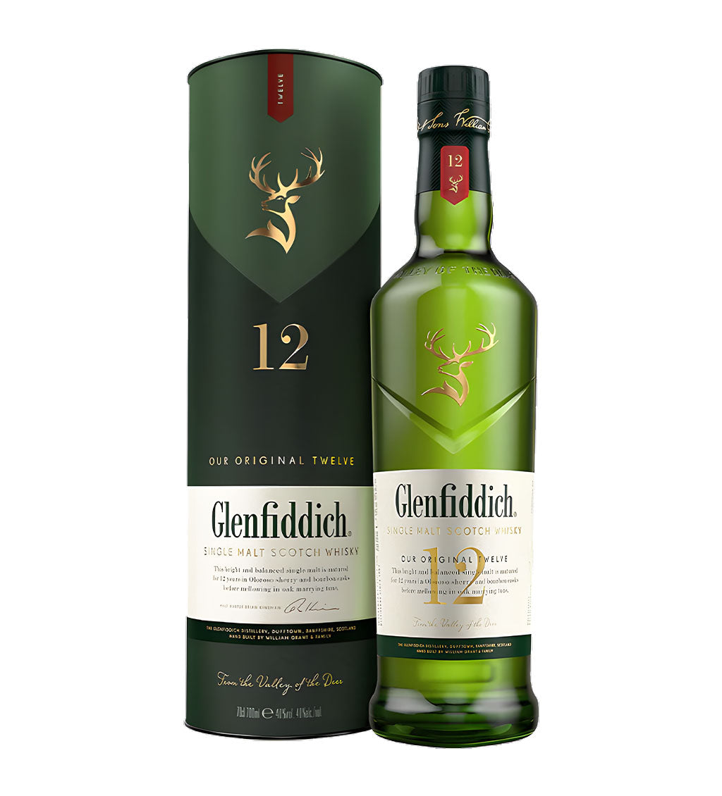 Glenfiddich 12 Years Special Reserve Single Malt Scotch Whisky 70cl green glass bottle on white background, golden spirit with cream label featuring stag logo