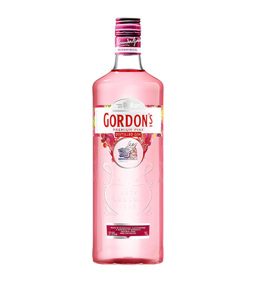 Gordon’s Premium Pink Gin 1L clear glass bottle on white background, pink hue with strawberry and raspberry label design
