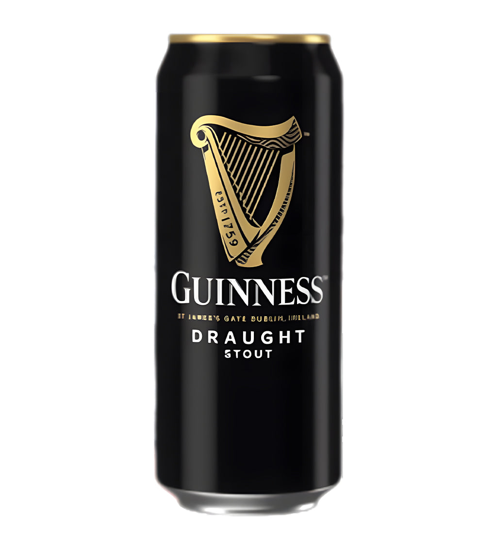 Guinness Draught stout beer 44cl can on white background, black design with gold harp logo