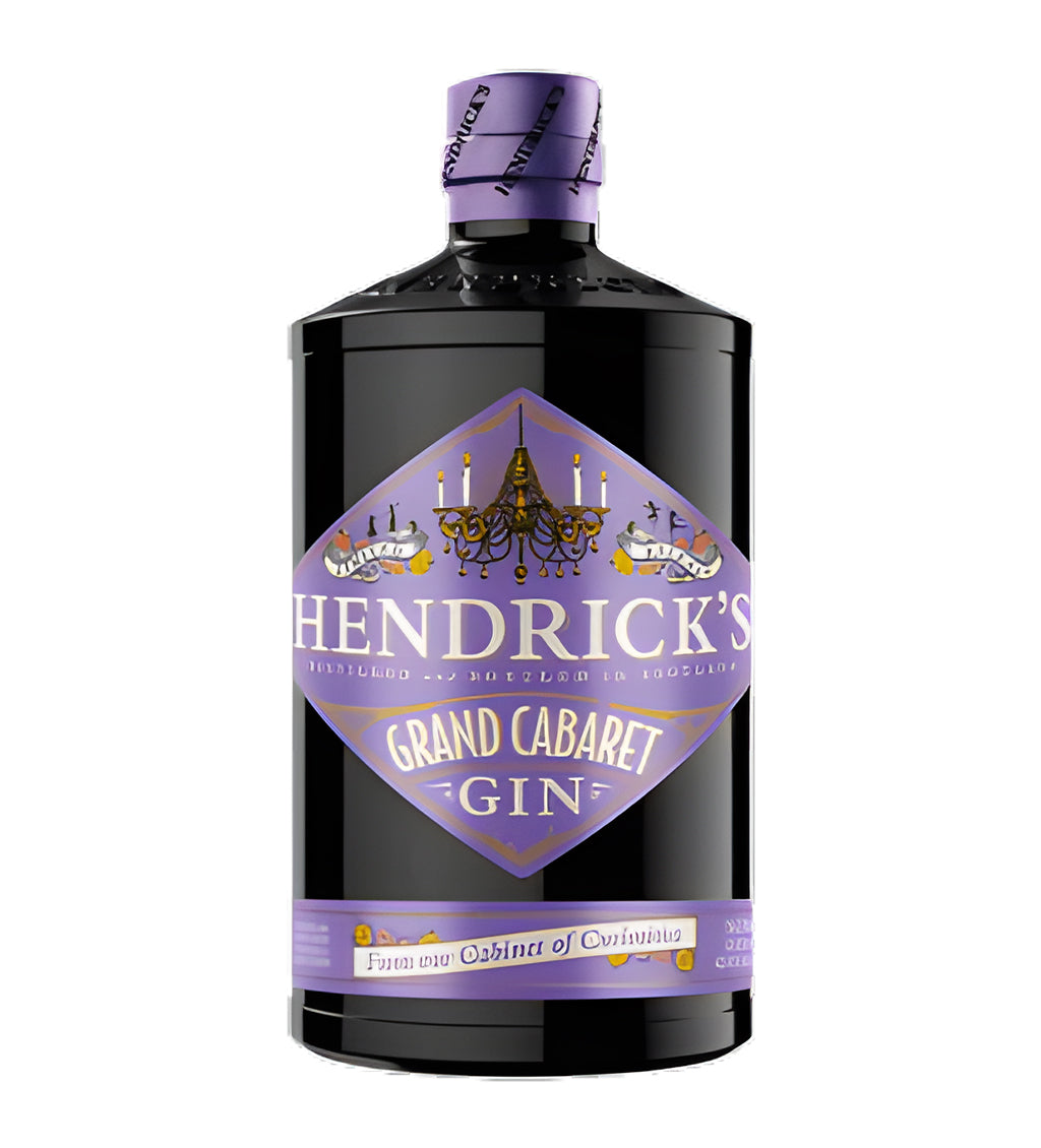 Hendrick’s Grand Cabaret Gin 70cl deep purple apothecary-style bottle on white background, ornate cream label with floral accents