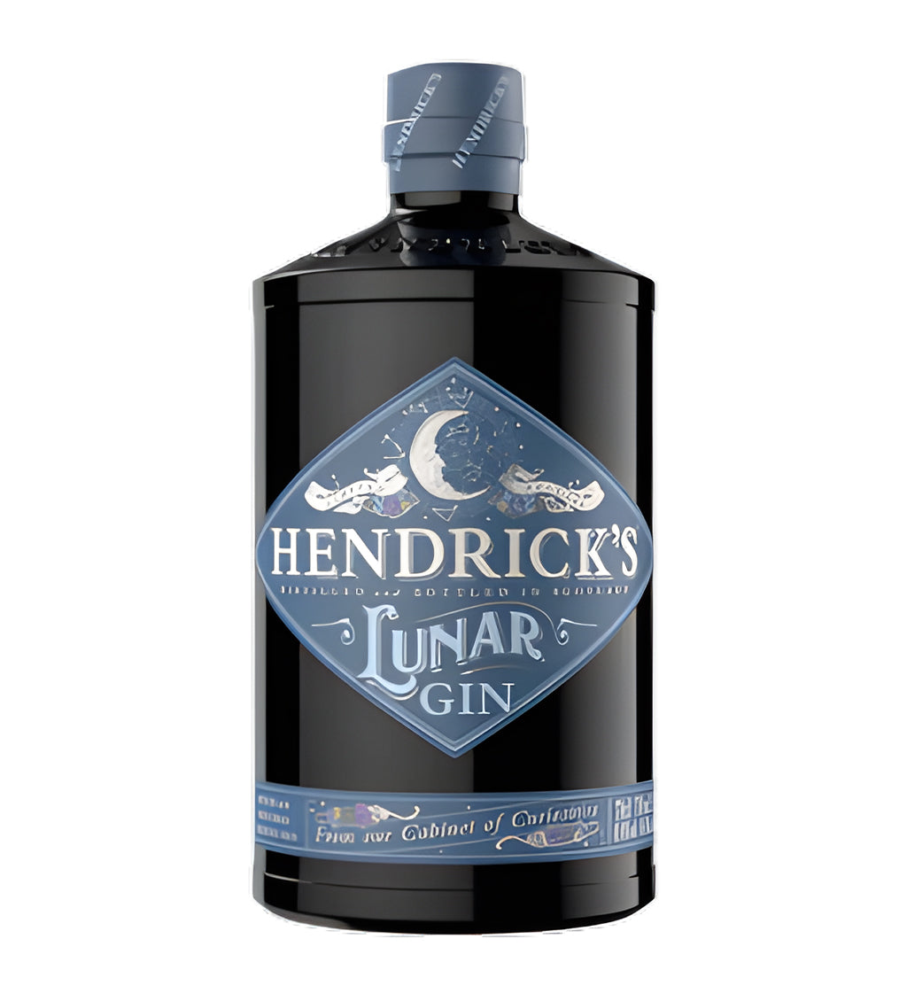 Hendrick’s Lunar Gin 70cl dark blue apothecary-style bottle on white background, cream label with celestial-themed design