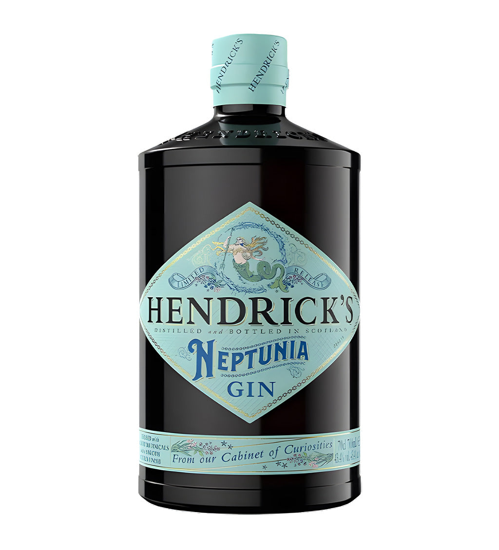 Hendrick’s Neptunia Gin 70cl teal apothecary-style bottle on white background, cream label with ocean-inspired design