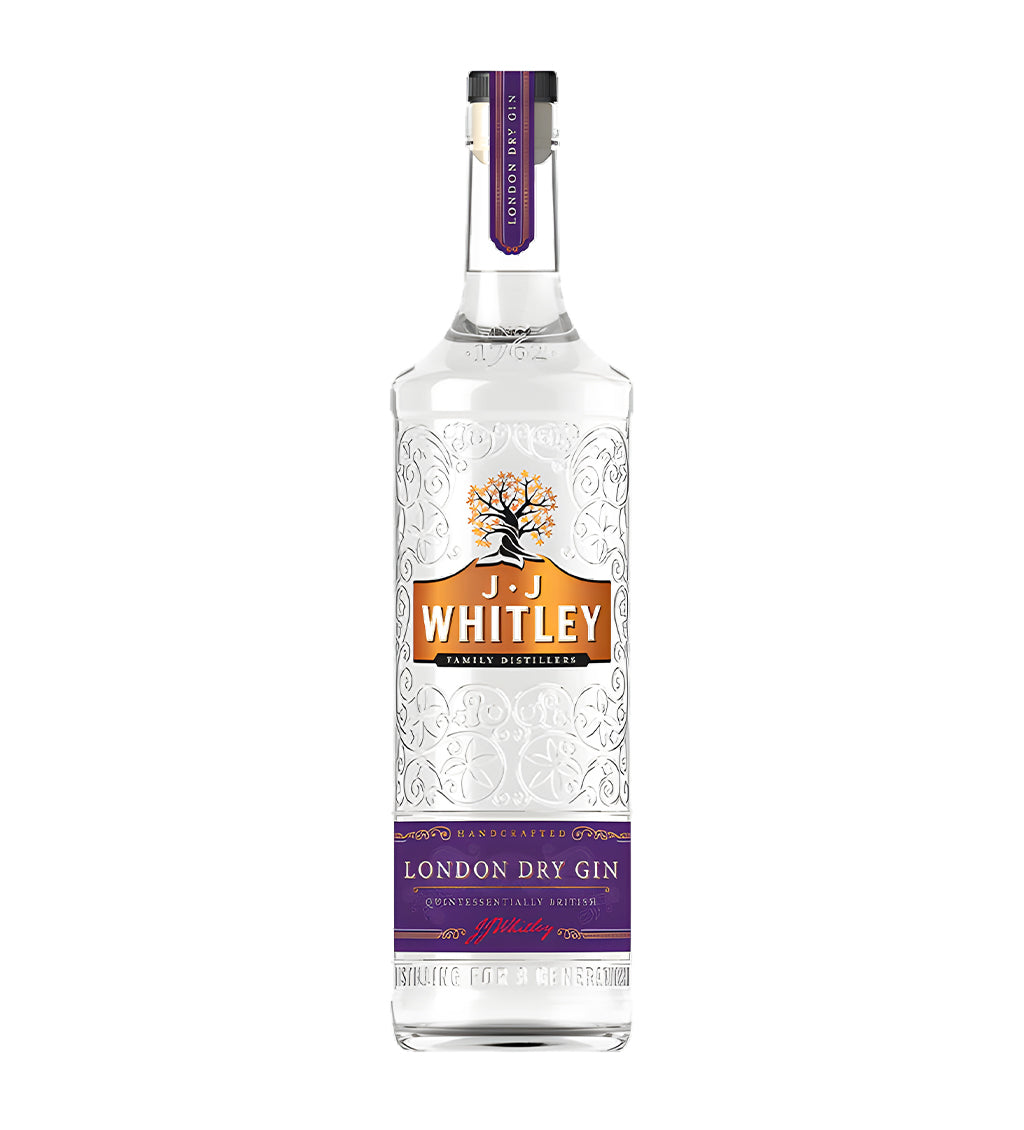JJ Whitley London Dry Gin 70cl clear glass bottle on white background, embossed pattern with white and gold label