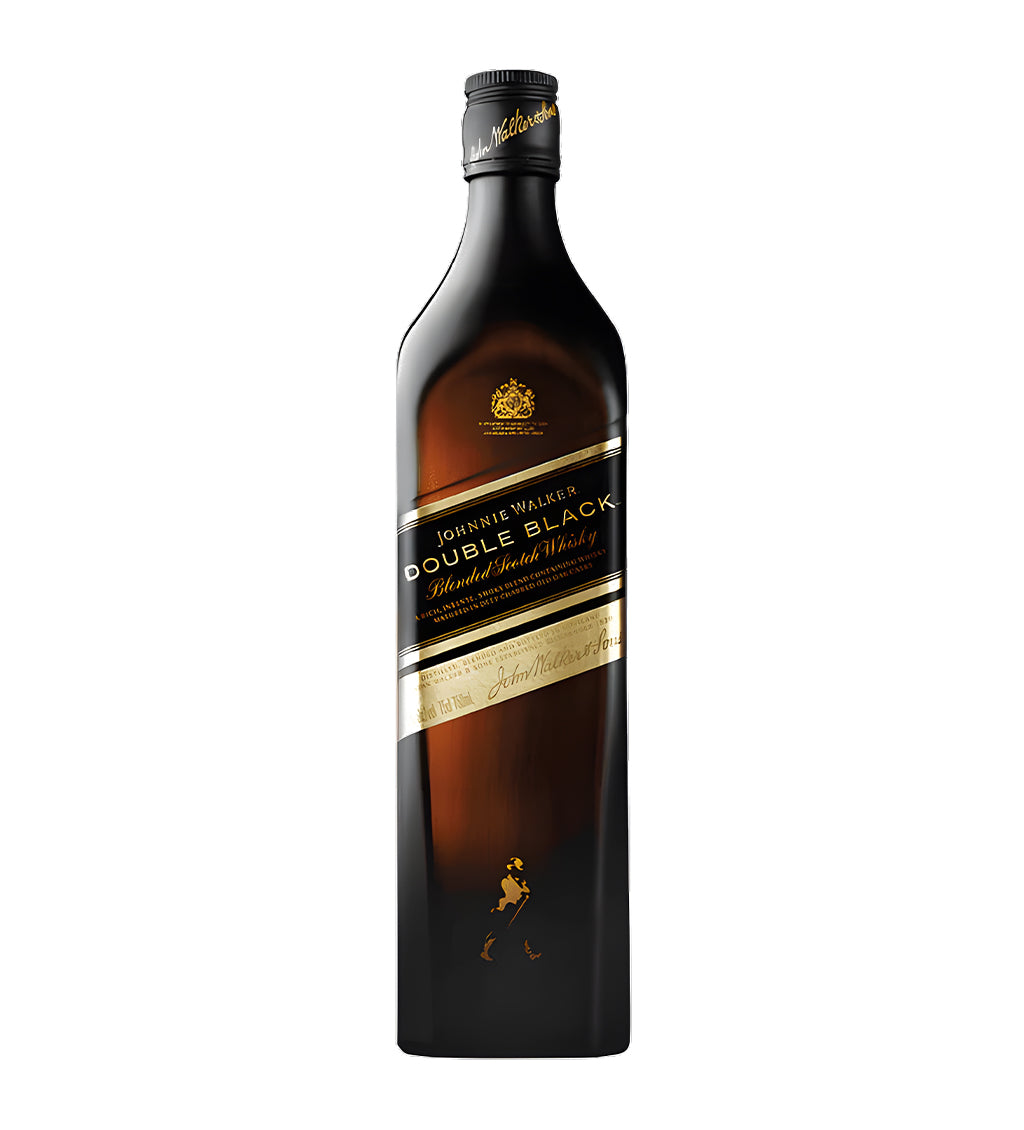 Johnnie Walker Double Black Blended Scotch Whisky 1L clear glass bottle on white background, dark amber spirit with black label featuring smoky accents and brand logo