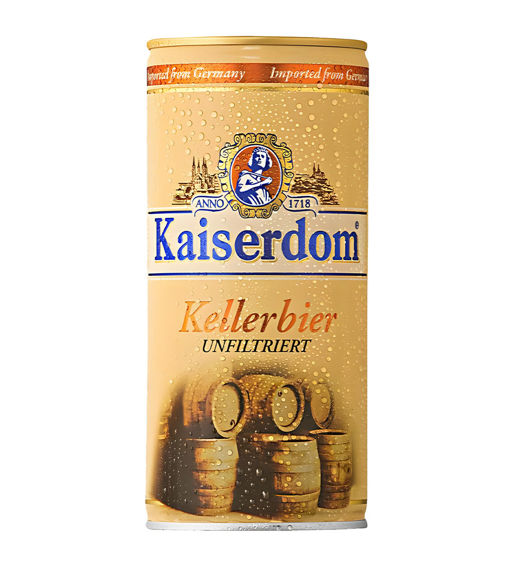 Kaiserdom Kellerbier unfiltered German beer 1L can on white background, traditional blue and beige design with crest logo