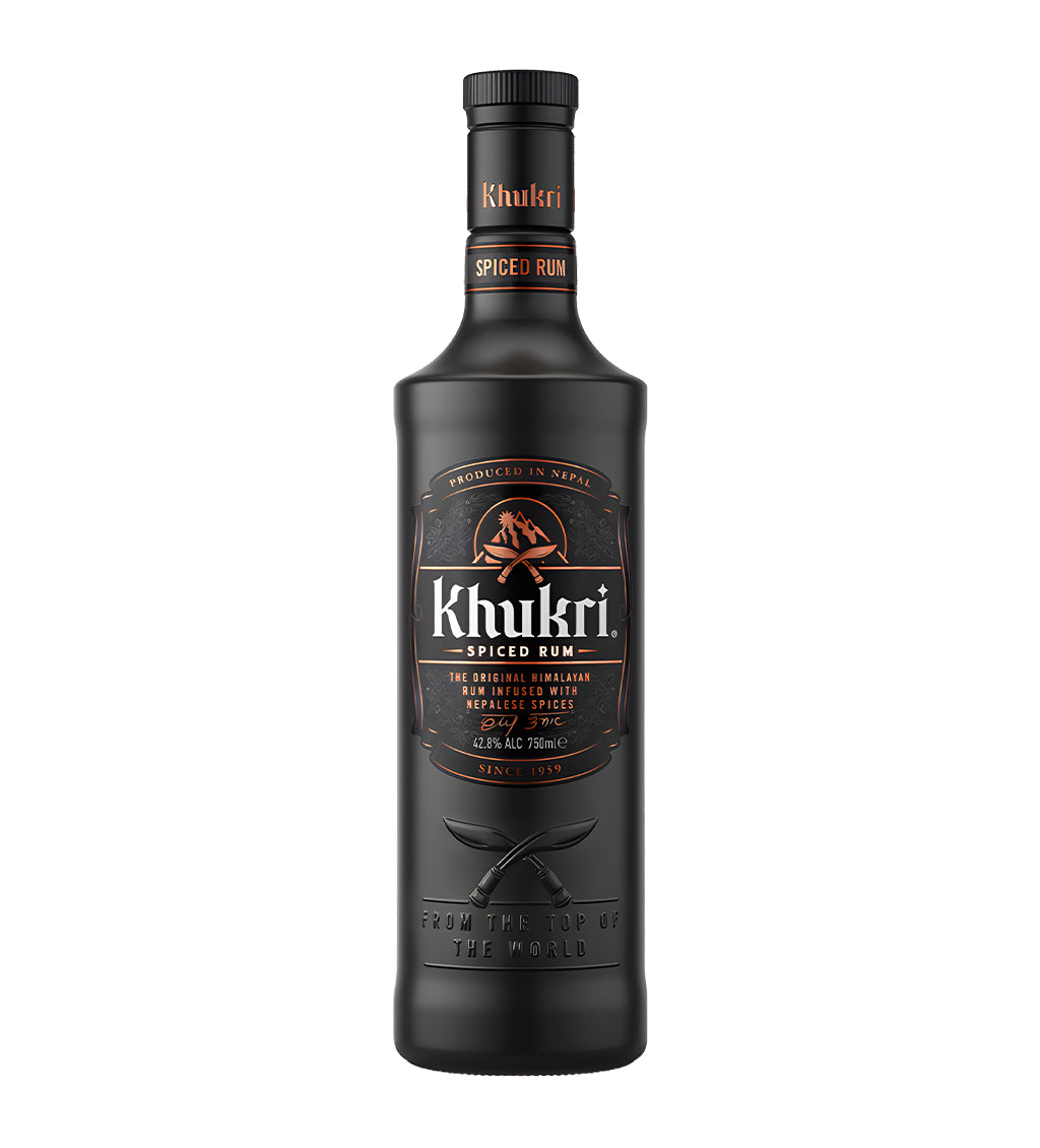 Khukri Spiced Rum 75cl dark glass bottle on white background, black and gold label with Nepali khukuri knife emblem