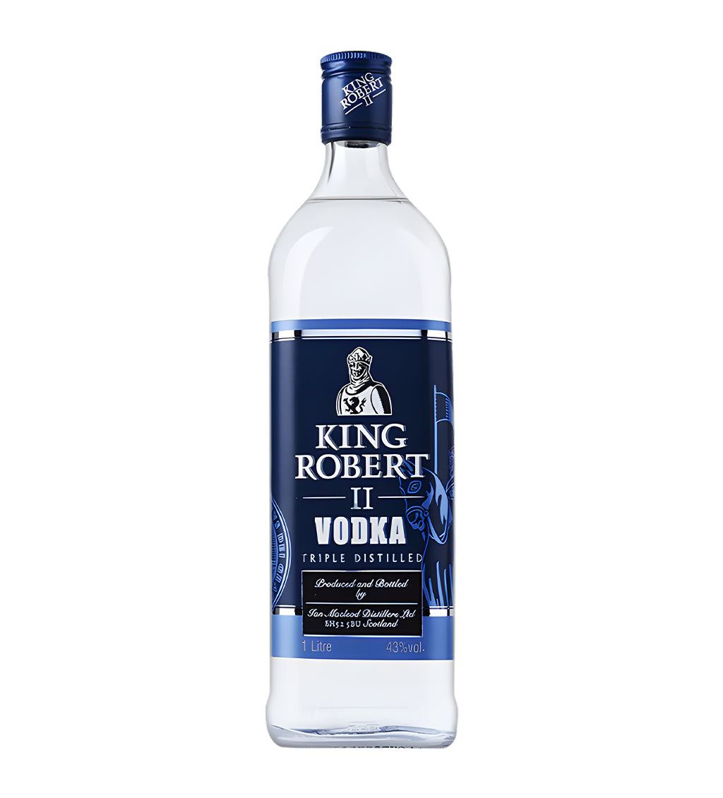 King Robert Vodka 1L clear glass bottle on white background, white and gold label with royal crest logo
