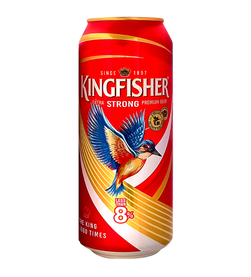 Kingfisher Strong lager beer 50cl can on white background, bold red and gold design with flying kingfisher logo