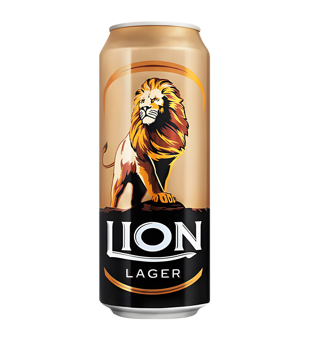Lion Lager can with a lion graphic on a white background