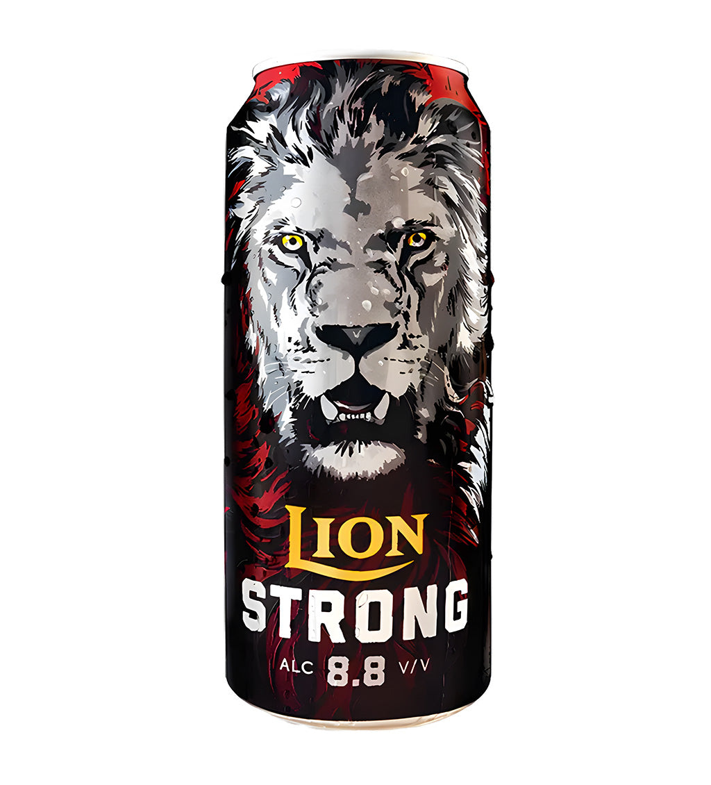 Lion Strong beer can with a lion graphic on a white background