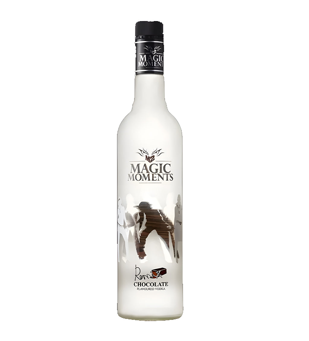 Magic Moments Remix Chocolate Vodka 75cl clear glass bottle on white background, brown label with chocolate imagery and brand logo
