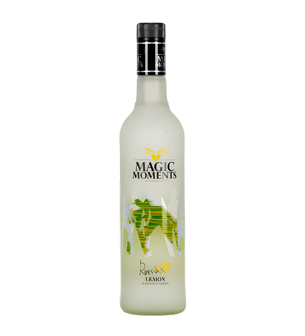 Bottle of 'Magic Moments' lemon liqueur on a white background