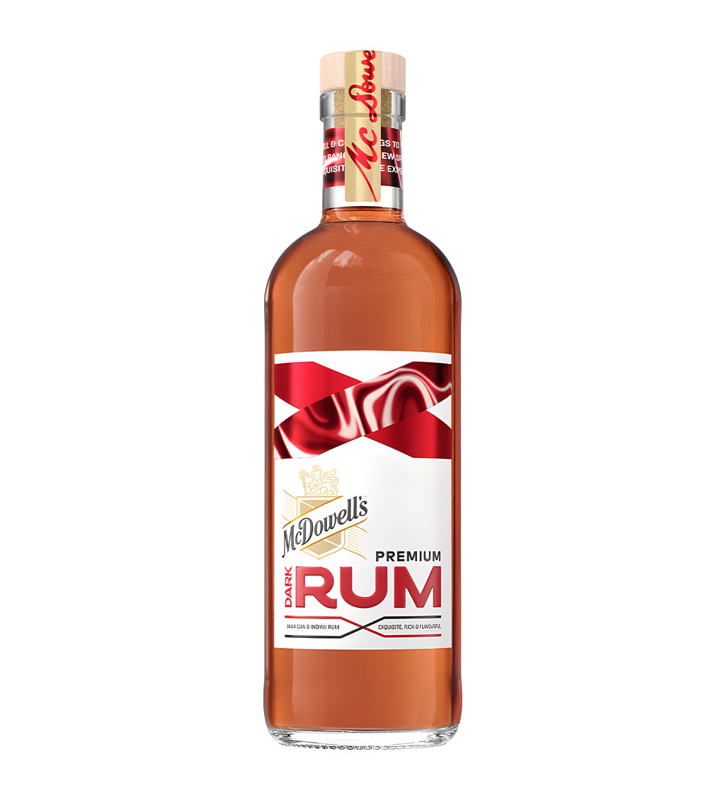 McDowell’s No.1 X Premium Dark Rum 75cl dark glass bottle on white background, black and gold label with brand logo