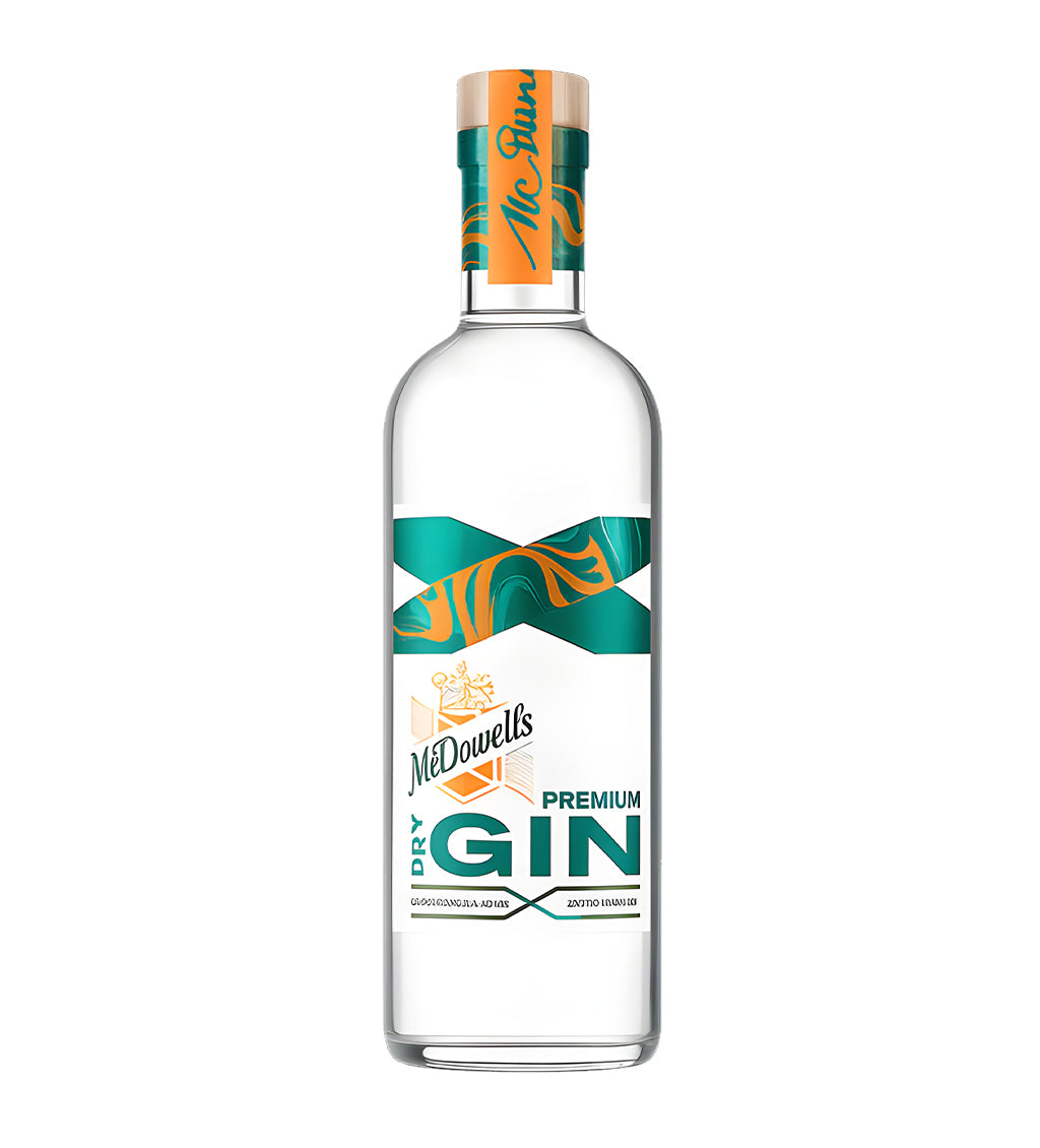 McDowell’s No.1 X Premium Gin 75cl clear glass bottle on white background, white and gold label with red accents