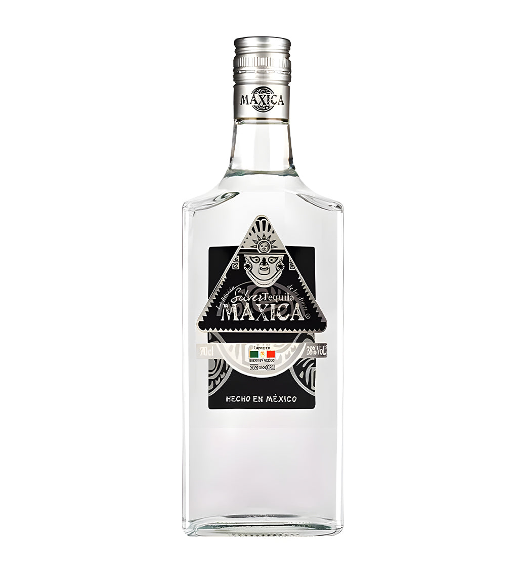 Mexica Tequila Silver 70cl clear glass bottle on white background, clear spirit with white and silver label featuring agave imagery