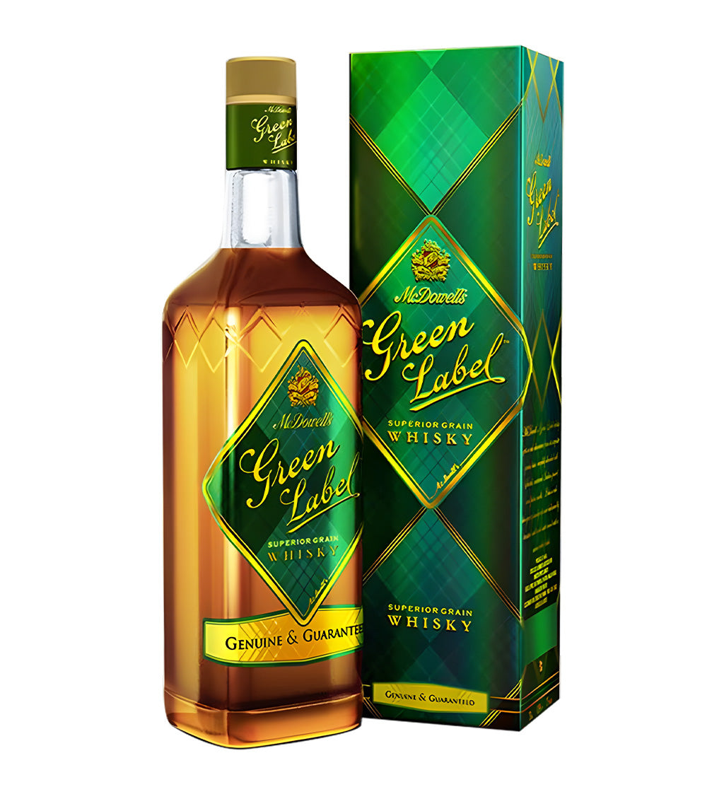 Clear glass bottle, golden whisky, green-accented label, white background, realistic shadows and highlights