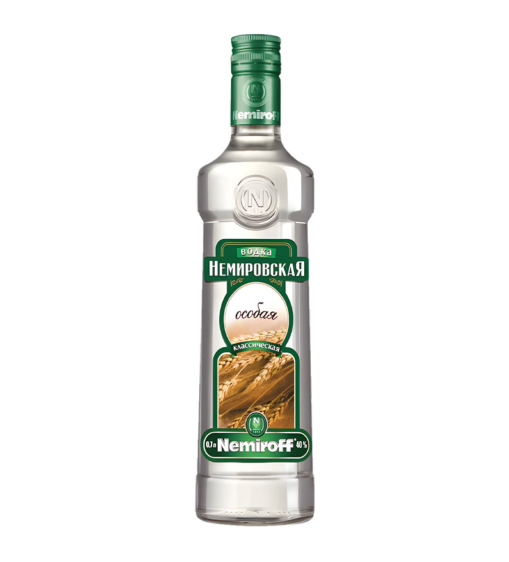 Nemiroff Osobaya Vodka 1L clear glass bottle on white background, white and gold label with brand logo and Cyrillic text
