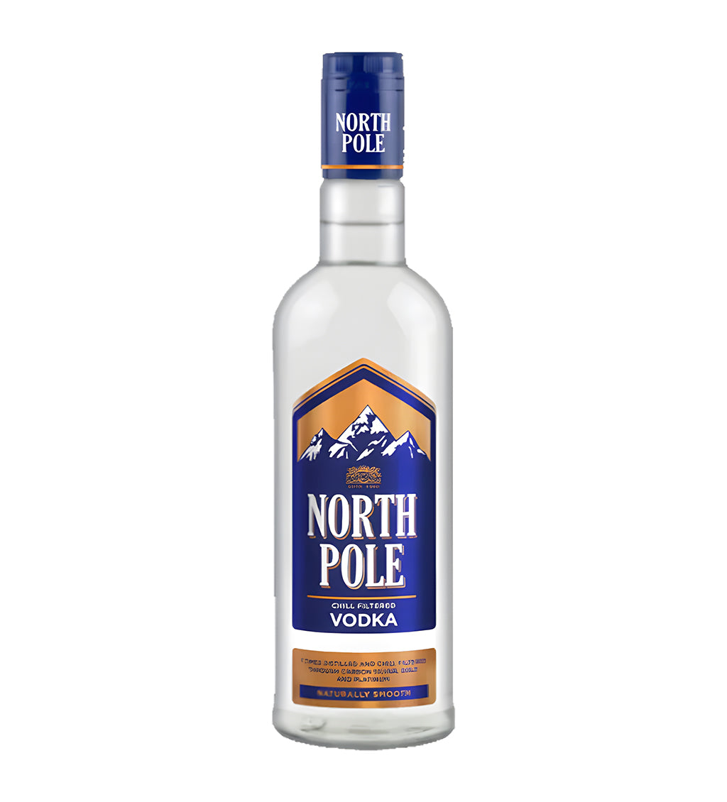 North Pole Chill Filter Vodka 1L clear glass bottle on white background, silver and blue label with polar imagery and brand logo