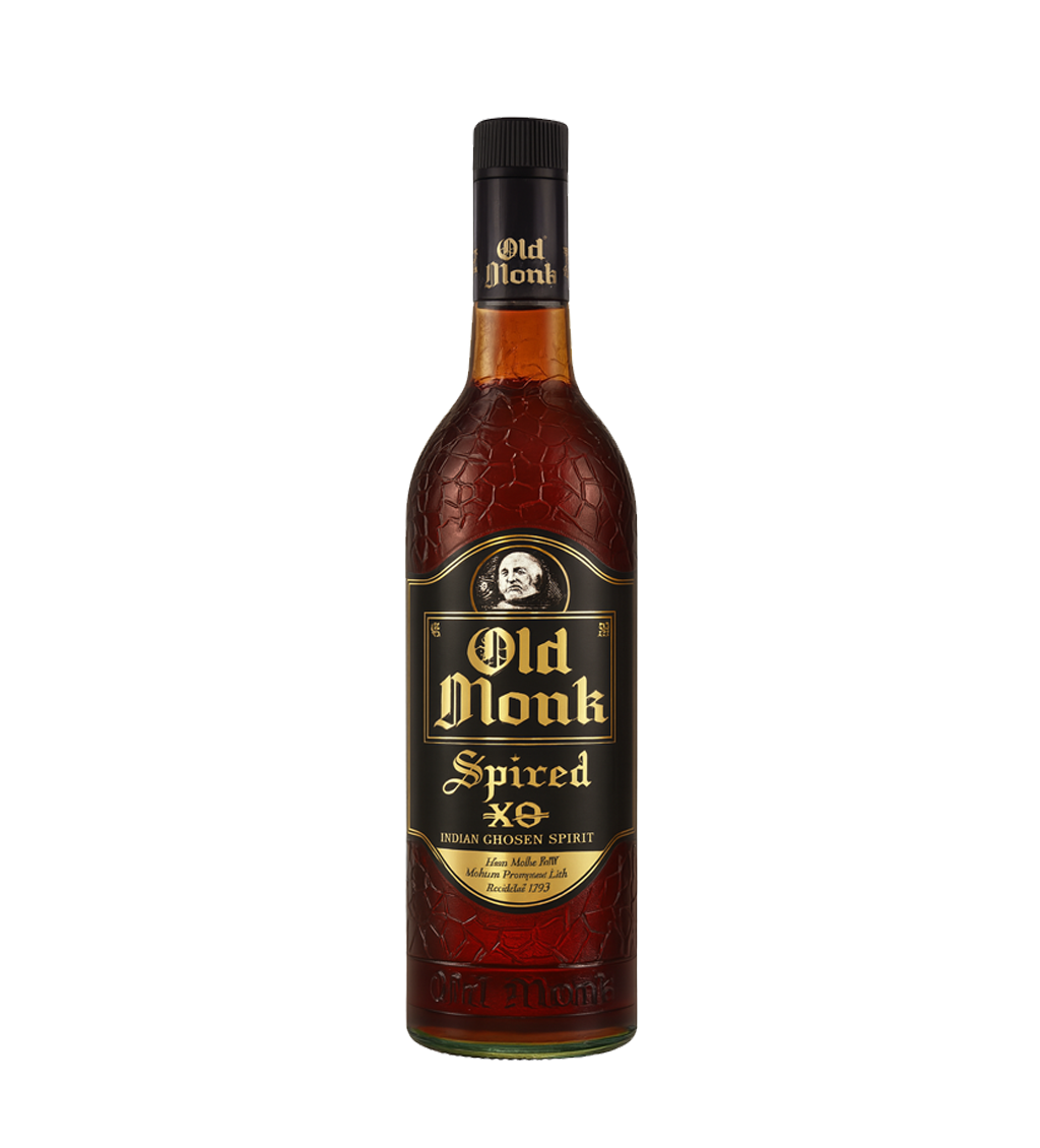Old Monk Spiced Extra XO Rum 75cl dark bottle with black and gold label on white background