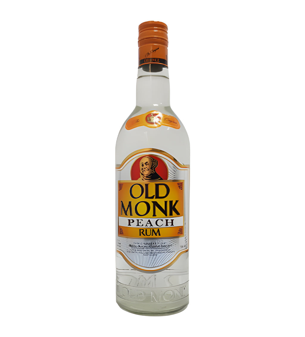 Old Monk Peach Rum 75cl dark glass bottle on white background, black and peach label with monk illustration and brand logo