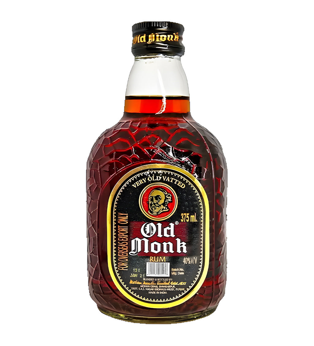 Old Monk Rum 37.5cl dark bottle with black label on white background