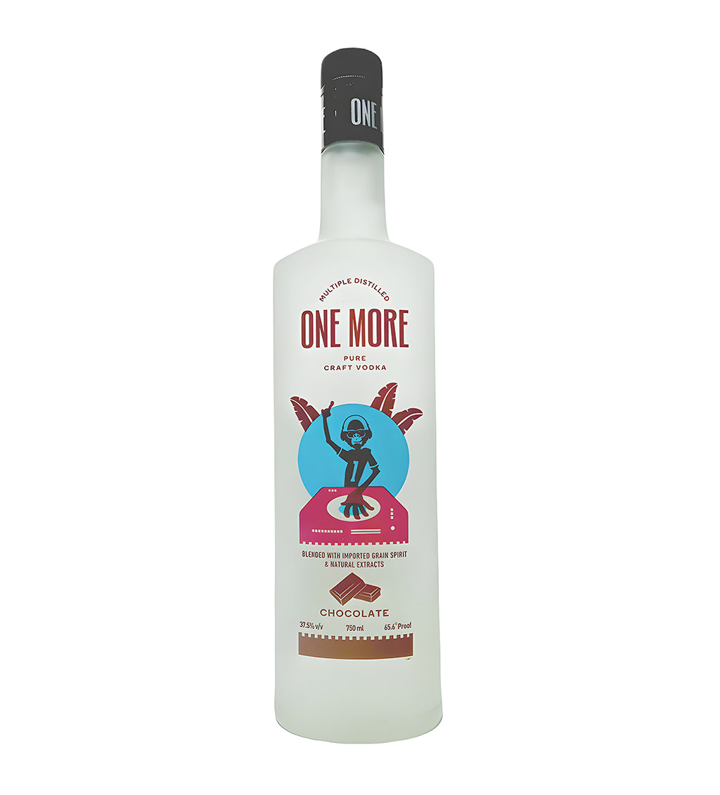 Bottle of 'One More' chocolate liqueur on a white background