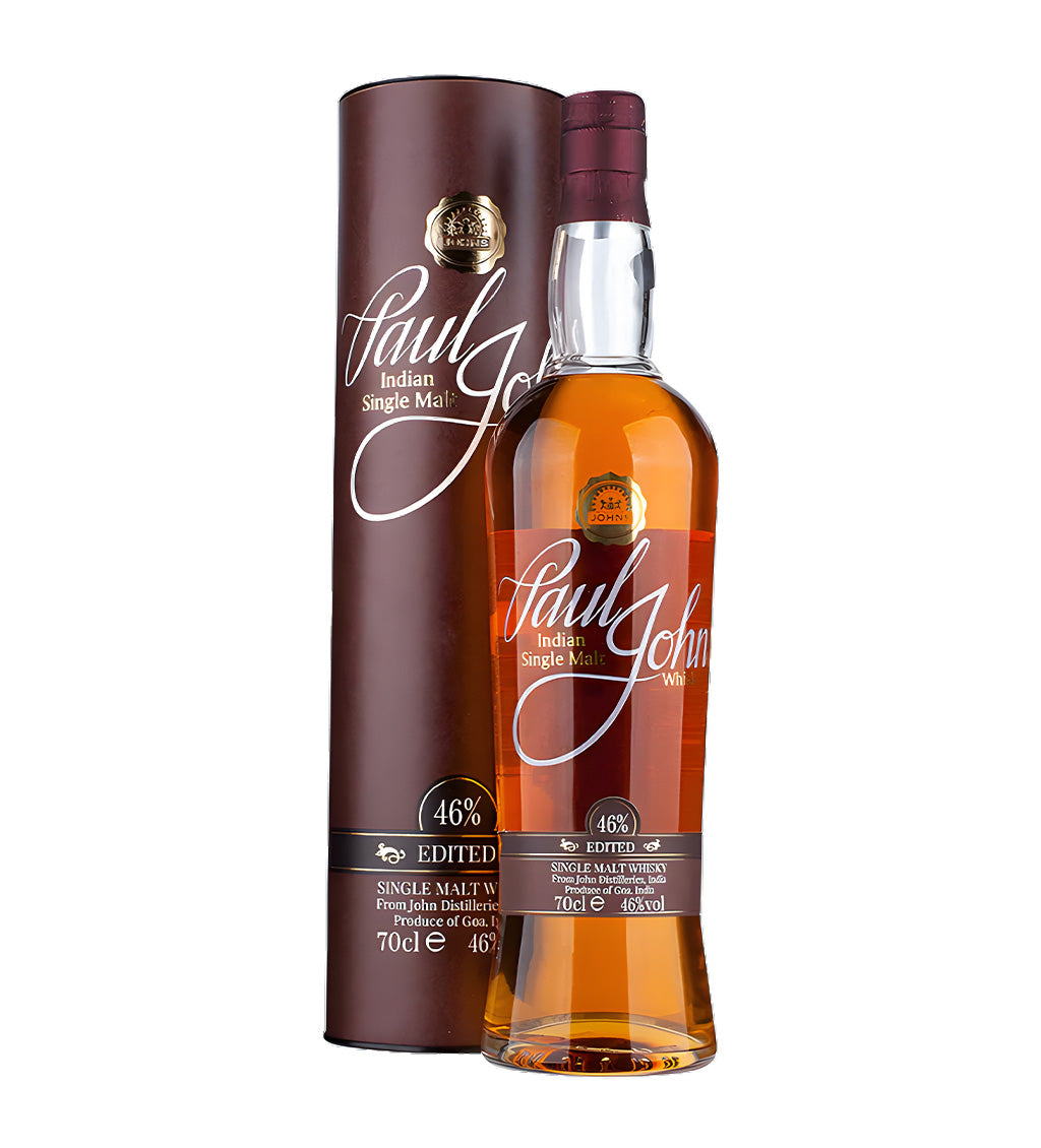 Sleek Indian single malt bottle, amber-gold whisky, Paul John label with modern design, white background, realistic reflections.