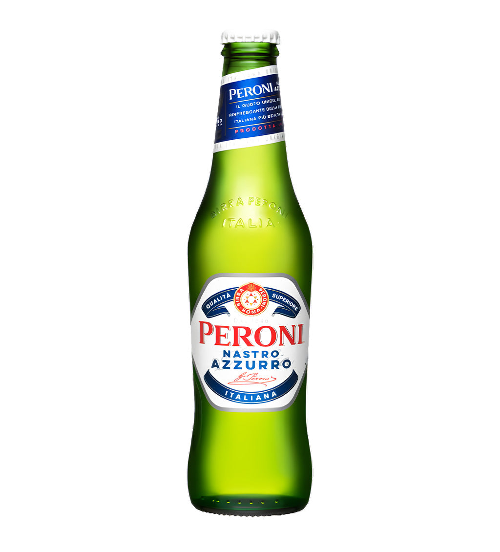 Green Peroni beer bottle on a white background