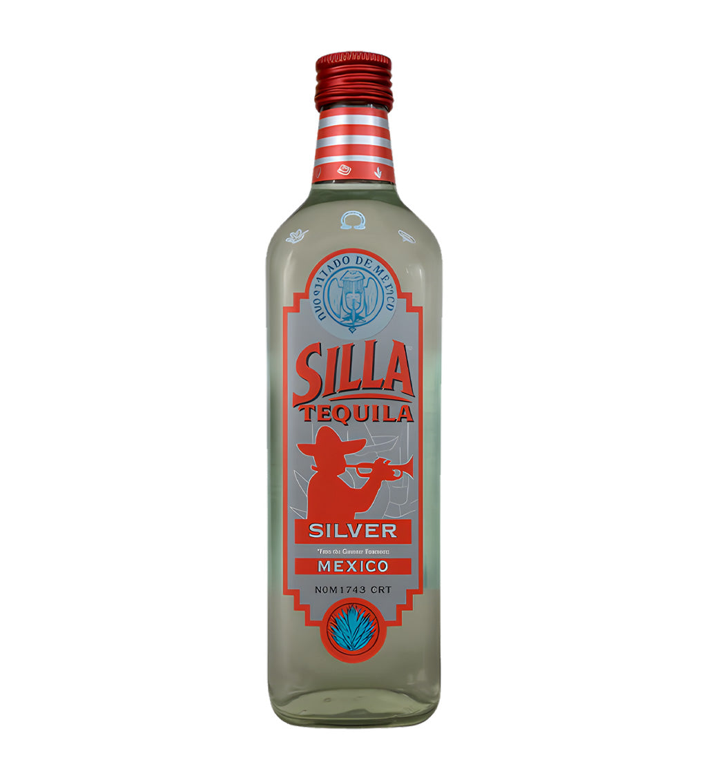 Silla Silver Tequila 70cl clear glass bottle on white background, clear spirit with white and silver label featuring agave imagery