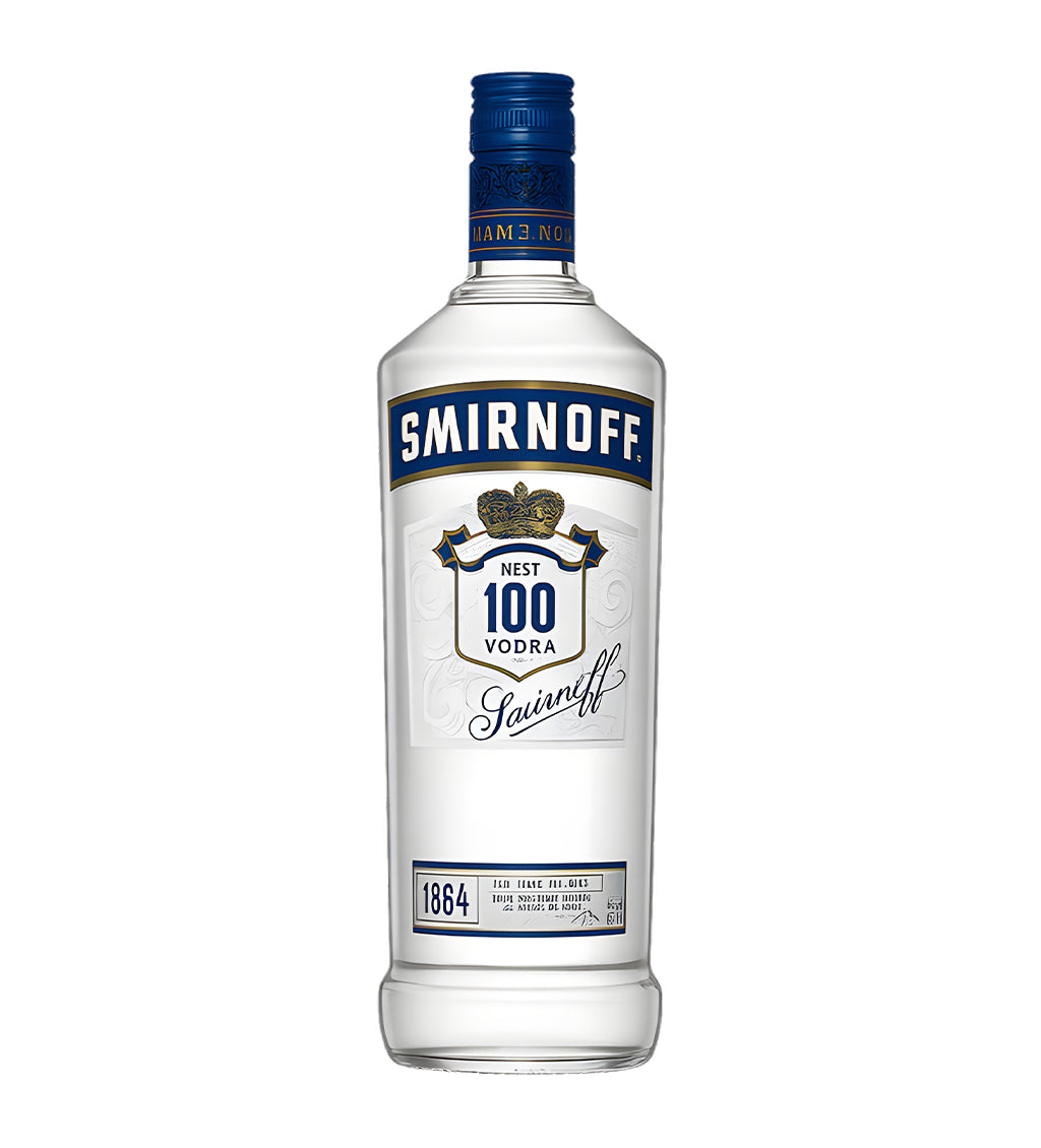 Smirnoff Blue Label Vodka 75cl clear glass bottle on white background, blue and silver label with brand logo