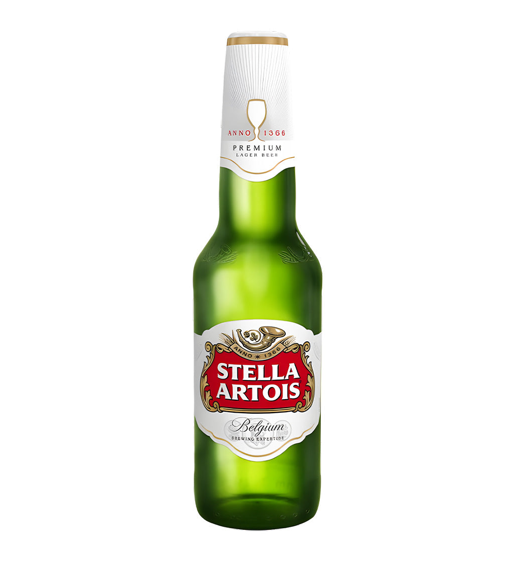 Stella Artois premium lager beer 33cl glass bottle on white background, green bottle with white and gold label