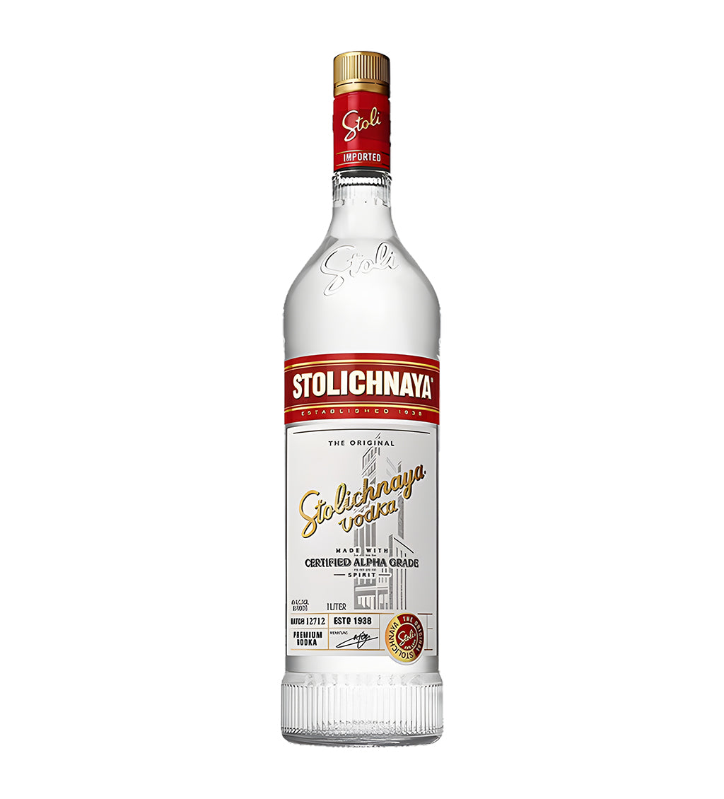 Stolichnaya Vodka 1L clear glass bottle on white background, white and red label with gold accents and brand logo