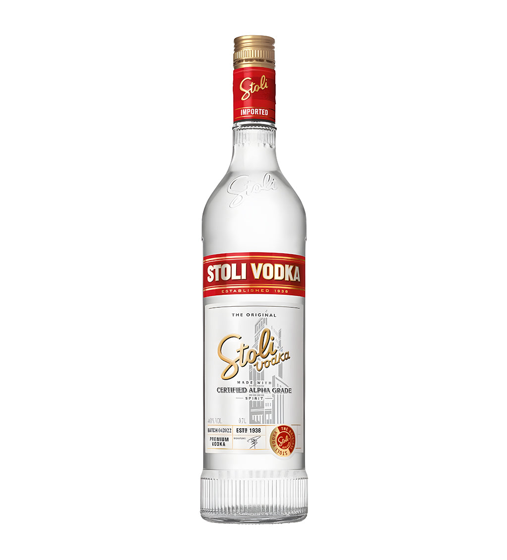Stolichnaya Vodka 75cl clear glass bottle on white background, white and red label with gold accents and brand logo